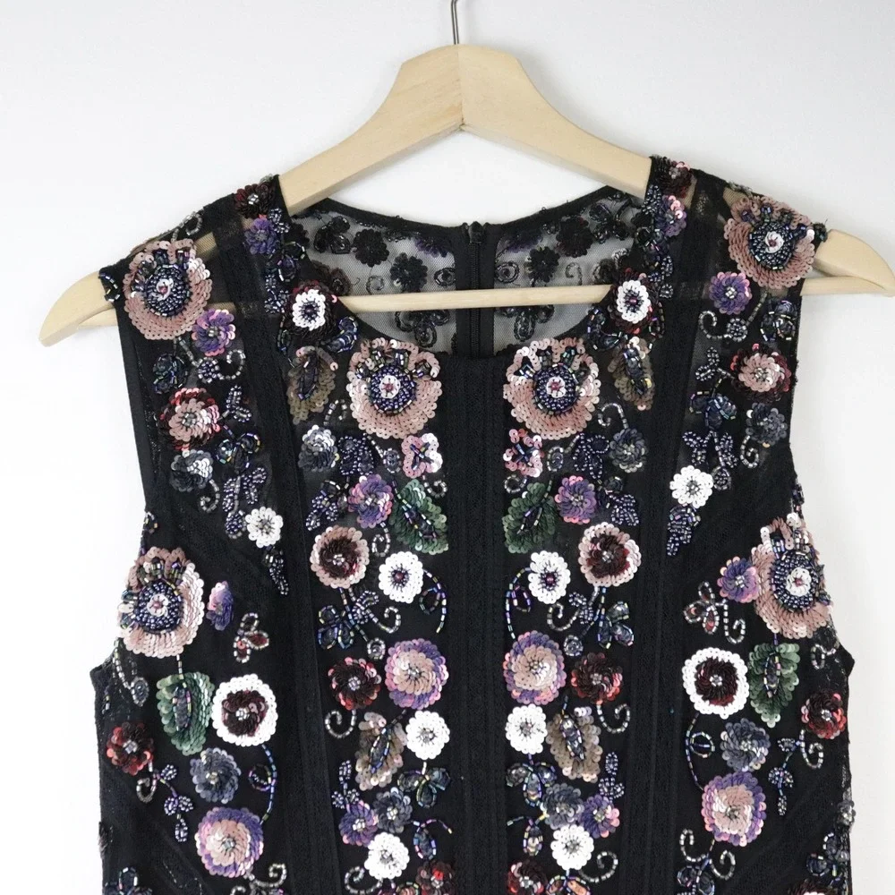 Needle & Thread Floral Ombre Dress 8 Black Sequin Beaded Embellished Midi - Picture 9 of 12